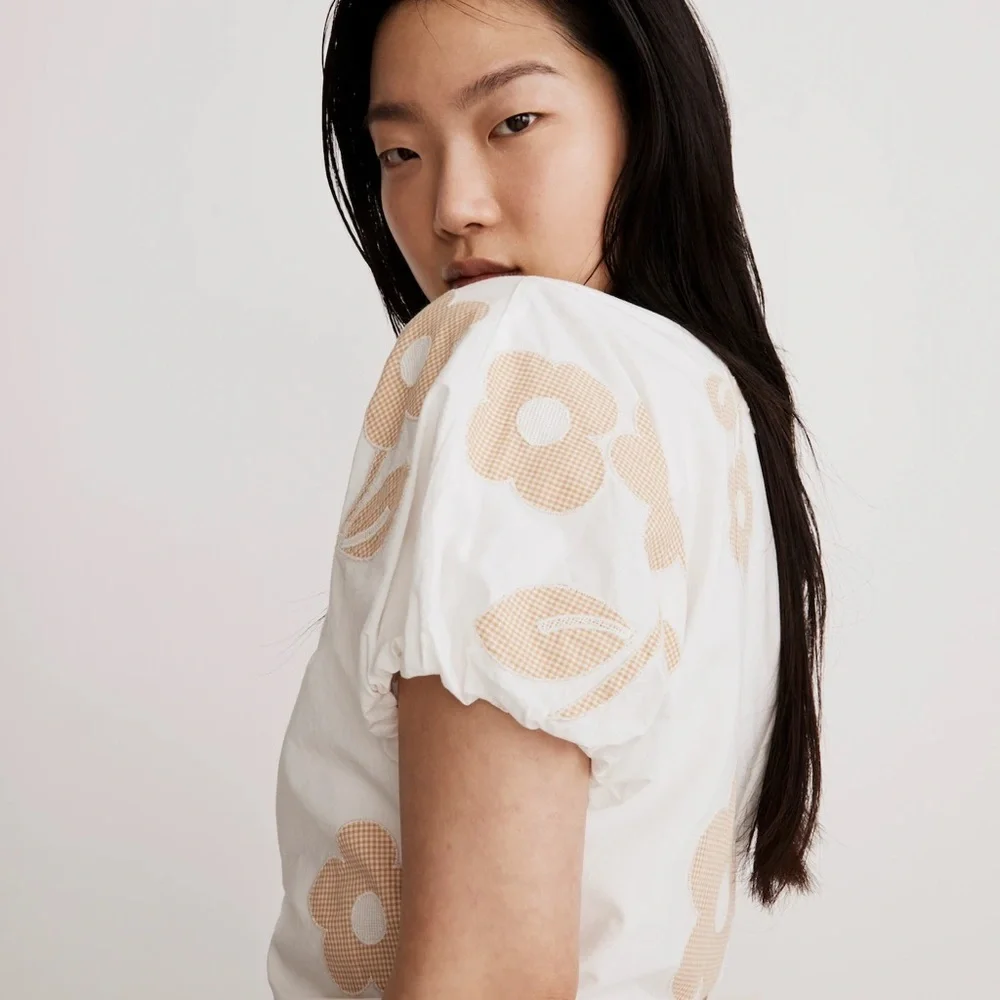 Madewell White and Yellow Crop Blouse with Puff Sleeves and Tie Front